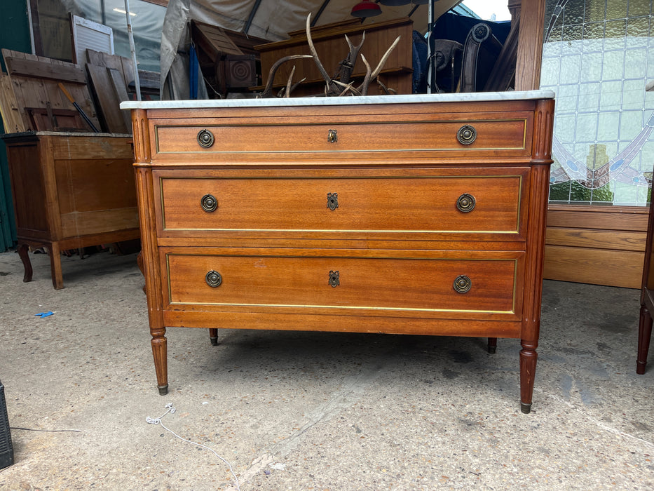 MAHOGANY THREE DRAWER WHITE CARRERA MARBLE TOP LOUIS XVI CHEST