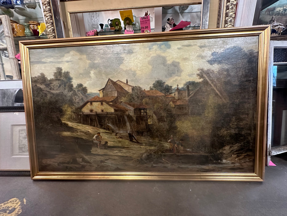 LARGE BUCOLIC OIL PAINTING WITH MILL-RESTORED