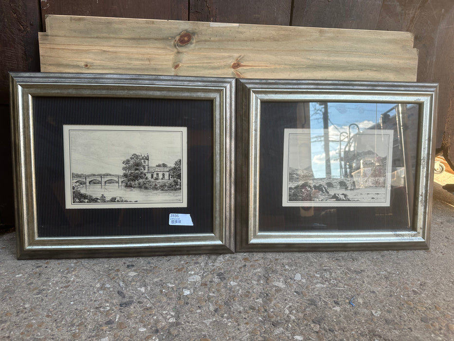 PAIR OF FRAMED DRAWINGS OF STONE BRIDGES