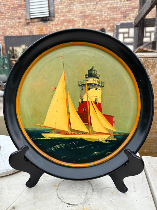 AMERICAN TOLE TRAY WITH HAND PAINTED SHIP ON STAND