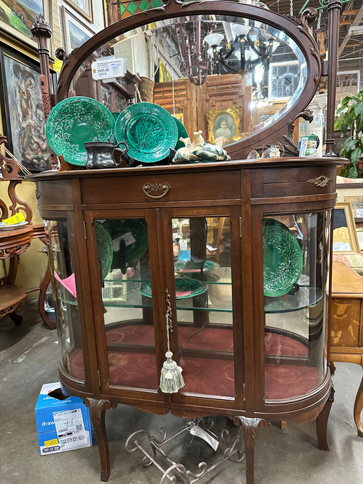 CURVED GLASS CURIO CABINET WITH MIRROR