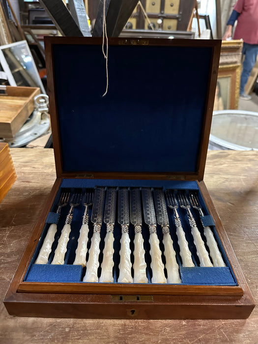 19TH CENTURY SILVER WITH MOTHER OF PEARL 24 PIECE KNIFE AND FORK CUTLERY SET