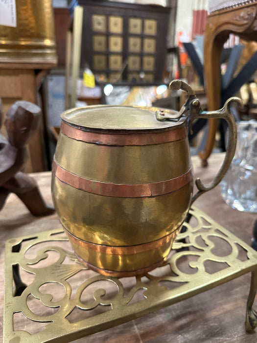 ANTIQUE BRASS AND COPPER  BARREL SHAPED STEIN WITH LID