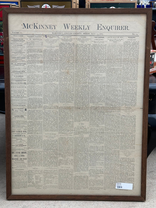 FRAMED NEWS PAPER PAGE FROM THE MCKINNEY WEEKLY ENQUIRER-1887
