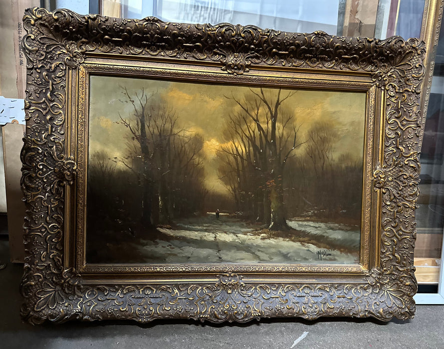 FRAMED OIL PAINTING ON WOOD OF A PEASANT IN A WINTER WOOD