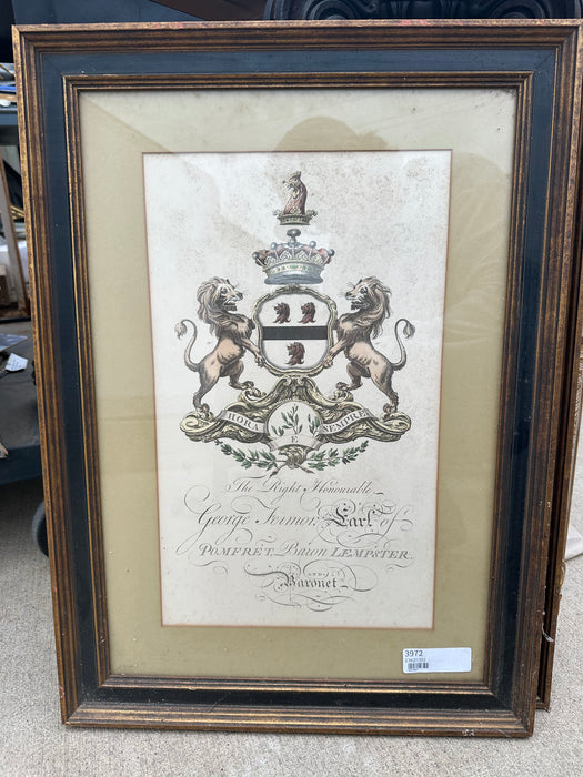 FRAMED PRINT OF A FAMILY CREST WITH LIONS