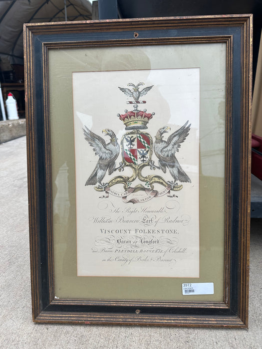 FRAMED PRINT OF A FAMILY CREST WITH BIRDS