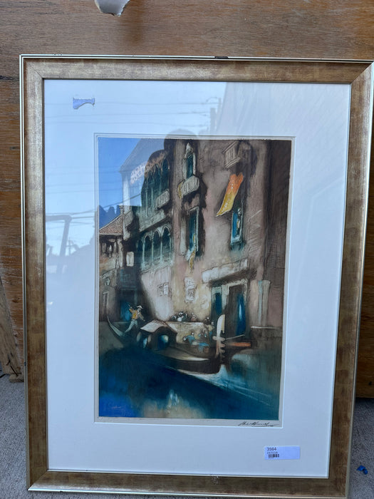 FRAMED HAND COLORED LITHO OF A VENETIAN CANAL WITH GONDOLA