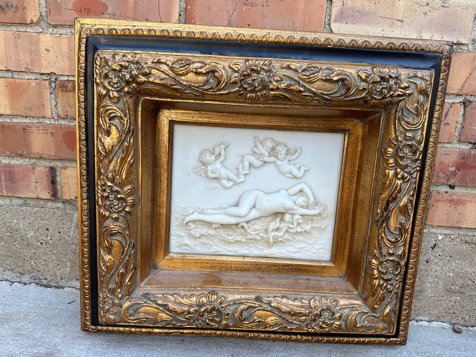 FRAMED CLASSICAL MARBLE CAST WITH CHERUBS AND NUDE