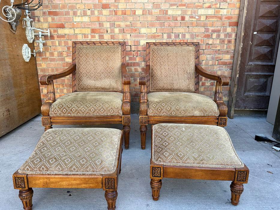 PAIR OF OVERSIZED LOUIS XVI STYLE ARMCHAIRS WITH OTTOMANS