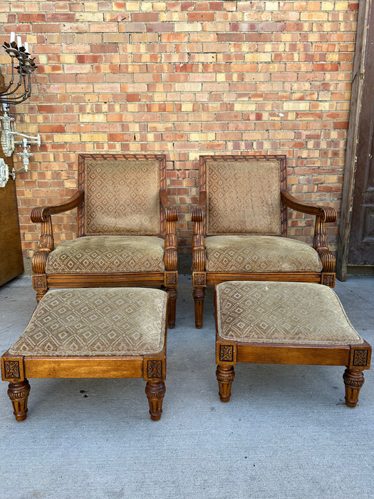 PAIR OF OVERSIZED LOUIS XVI STYLE ARMCHAIRS WITH OTTOMANS