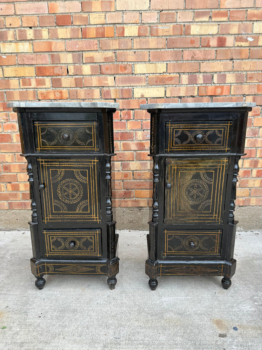 PAIR OF EBONIZED MARBLE TOP NIGHT STANDS