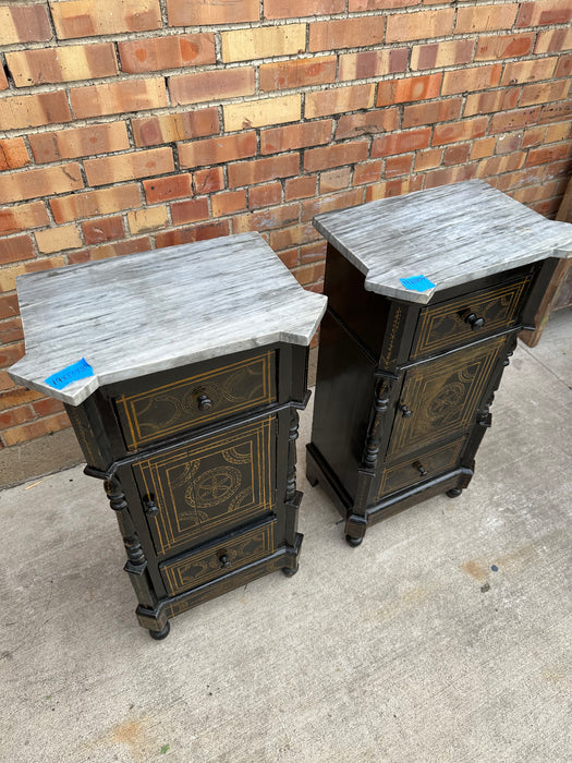 PAIR OF EBONIZED MARBLE TOP NIGHT STANDS
