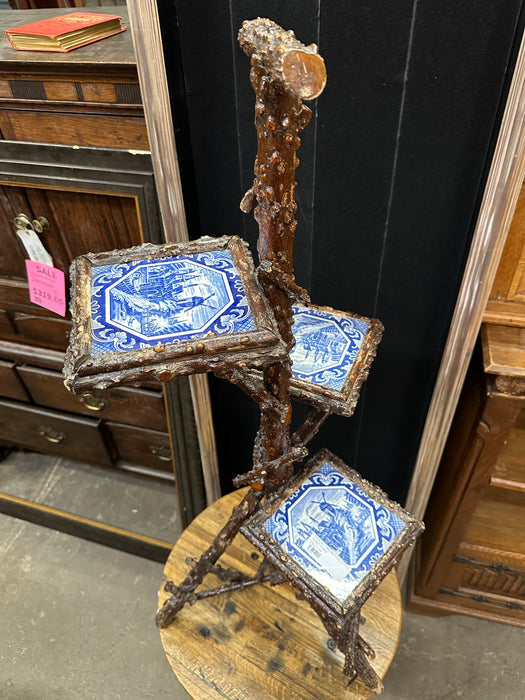 FOLK ART TWIG WITH DELFT TILE PLANT STAND