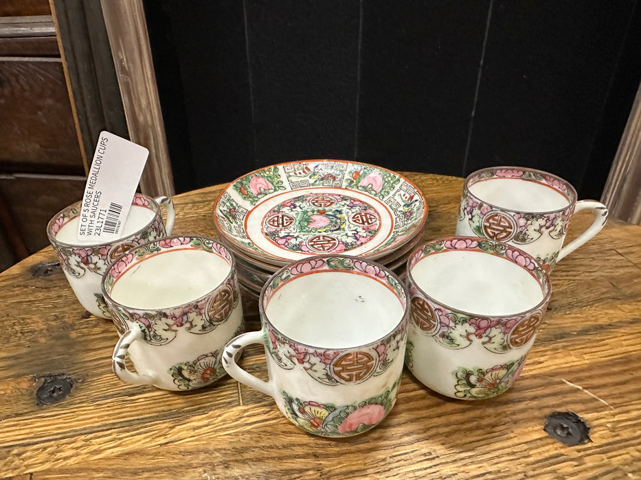 SET OF 5 ROSE MEDALLION CUPS WITH SAUCERS