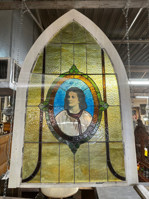 ARCHED LATE 19TH CENTURY JESUS AS A YOUNG MAN WINDOW AS FOUND