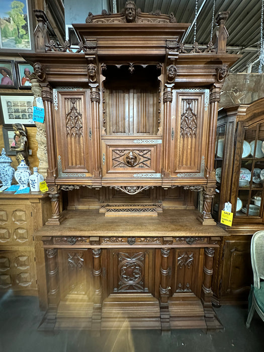 HUGE FRENCH GOTHIC WALNUT HUNT CABINET WITH CARVED MONKS