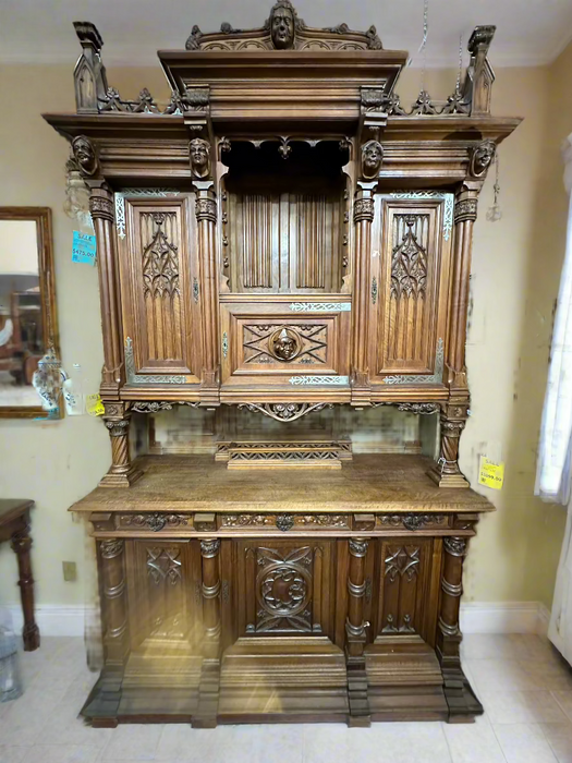 HUGE FRENCH GOTHIC WALNUT HUNT CABINET WITH CARVED MONKS