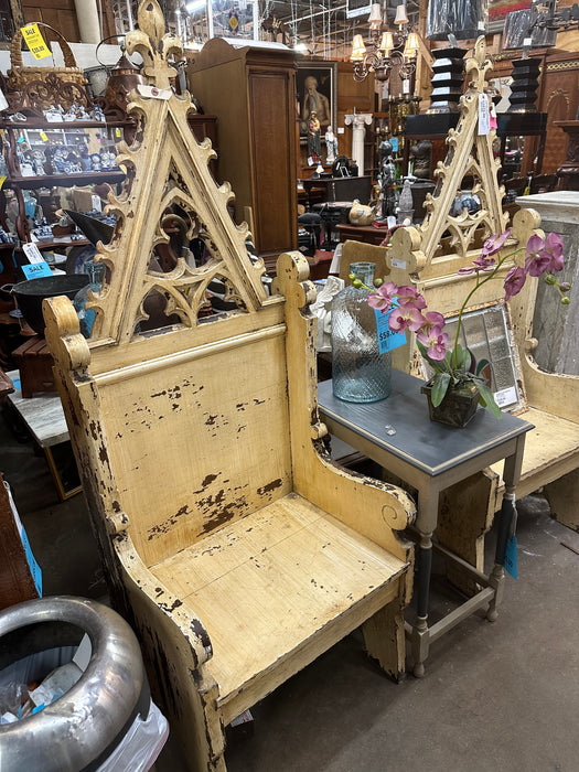 PAIR OF TALL BACK PAINTED GOTHIC CHURCH CHAIRS
