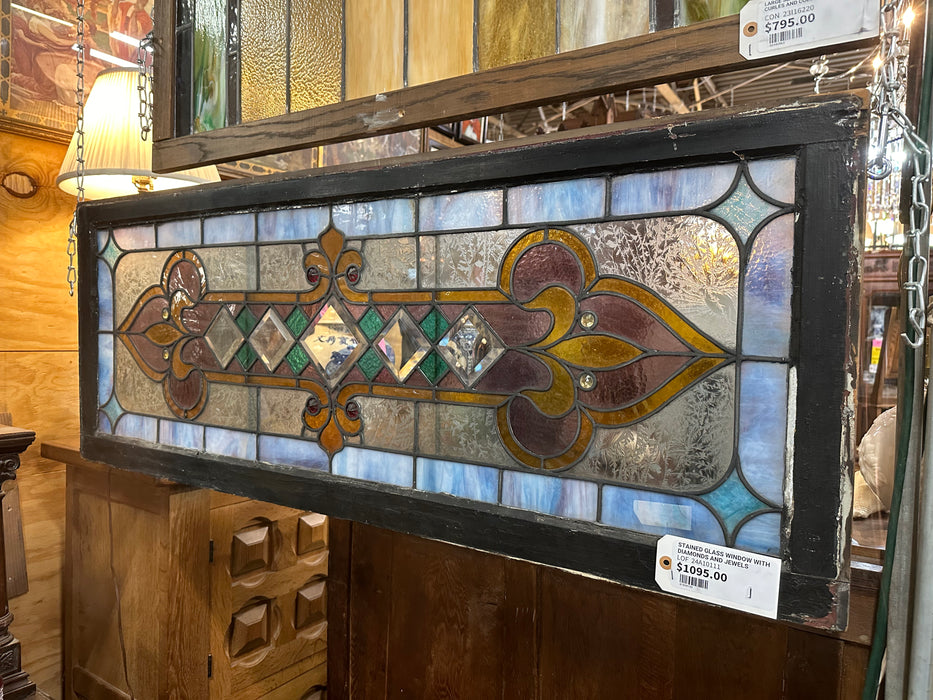 STAINED GLASS WINDOW WITH DIAMONDS AND JEWELS