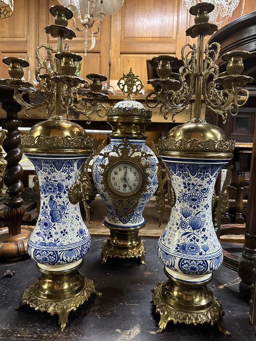3 PIECE DELFT CLOCK SET WITH GARNITURE