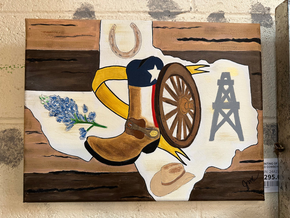PAINTING OF OIL DERRICK PISTOL AND COWBOY BOOT OIL ON CANVAS
