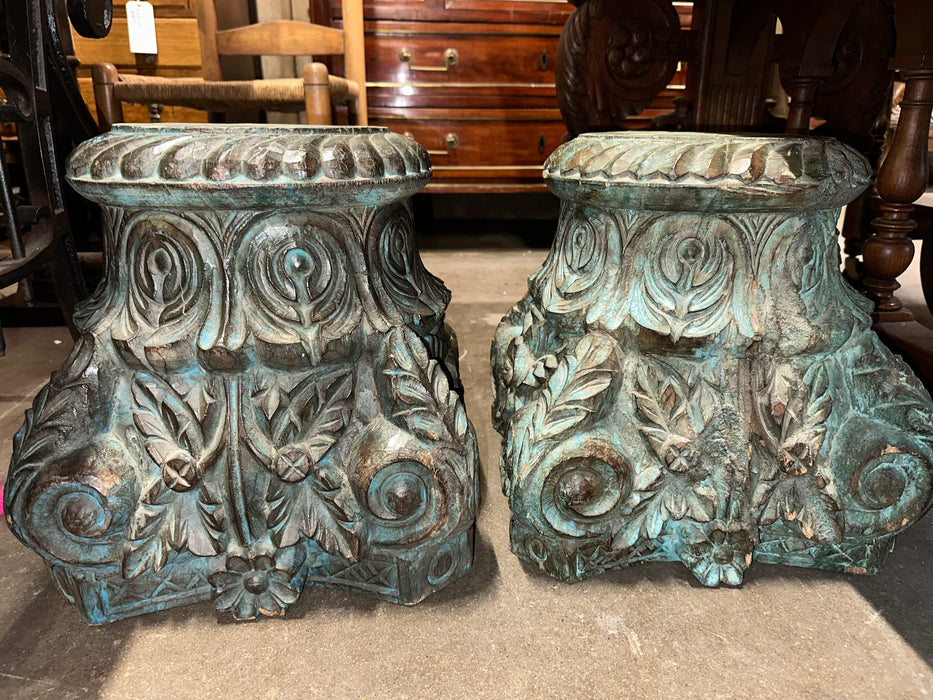 PAIR PAINTED BLUE CARVED CAPITALS