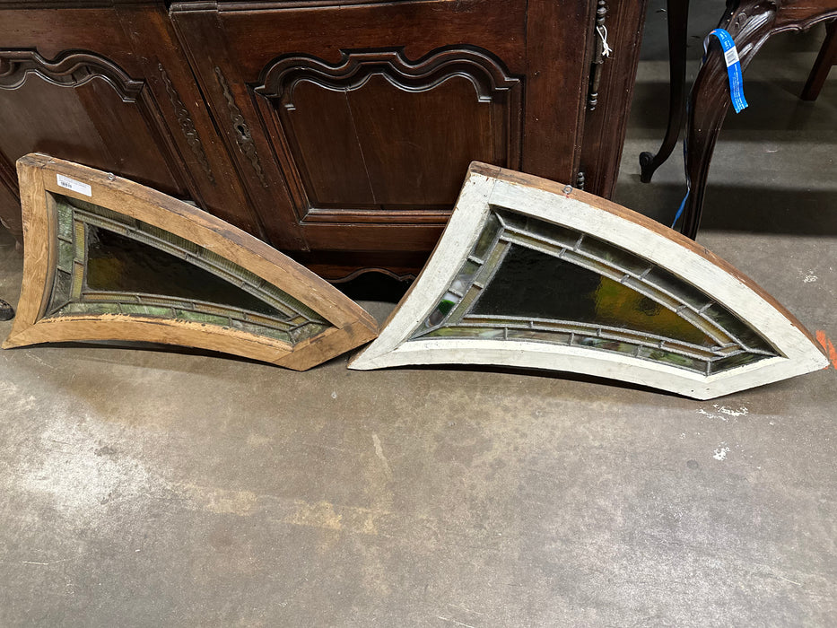 PAIR AMERICAN STAINED GLASS KITE WINDOWS OAK FRAMED