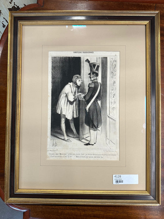 FRENCH ETCHING OF SOLDIER AND A WOMAN