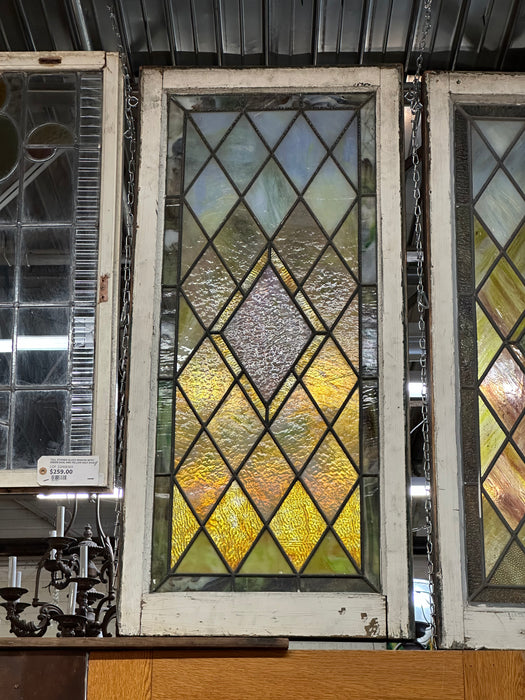 AS FOUND RECTANGULAR OAK FRAMED AMERICAN STAINED GLASS WINDOW