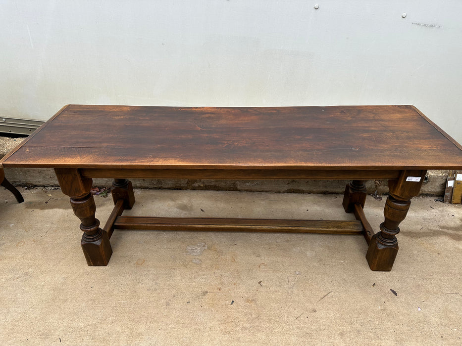 EARLY DARK OAK TURNED LEG LARGE TABLE WITH BREADBOARD ENDS