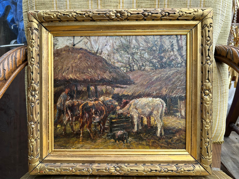 OIL PAINTING OF COWS  AT THE TROUGH-SIGNED