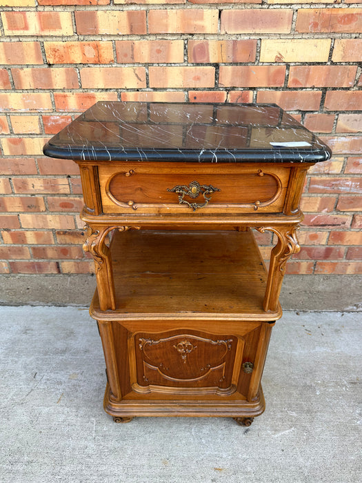 FRENCH MARBLE TOP WALNUT SIDE CABINET
