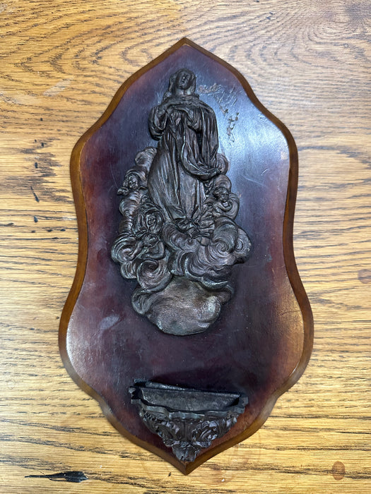 WOOD AND METAL ORNATE FIGURAL SPELTER HOLY WATER FONT