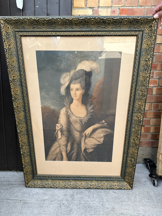 LARGE FRAMED PRINT OF LADY WITH HAT