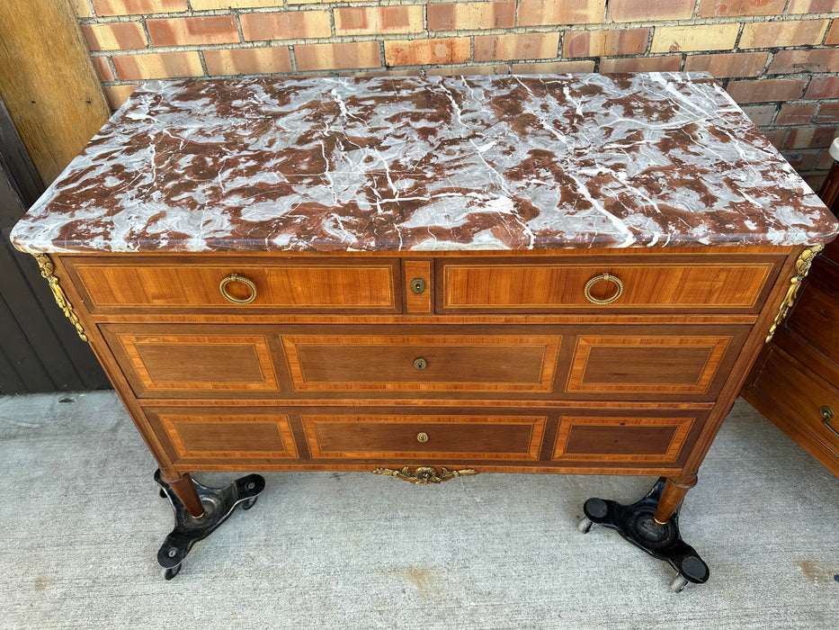 LARGE LOUIS XV COMMODE CHEST WITH ORMOLU AND GREY BROWN MARBLE TOP