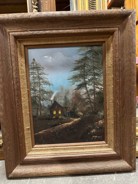 FRAMED OIL PAINTING OF CABIN AT NIGHT