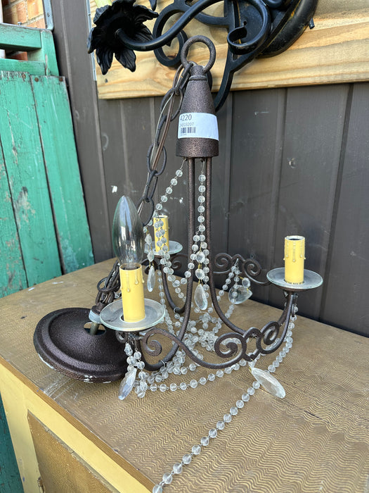 SMALL THREE LIGHT IRON AND PRISM CHANDELIER AS FOUND