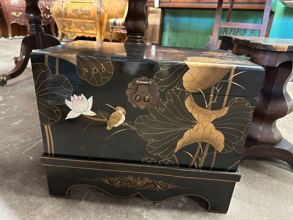 SMALL BLACK LAQUER TRUNK WITH BIRD AND STAND