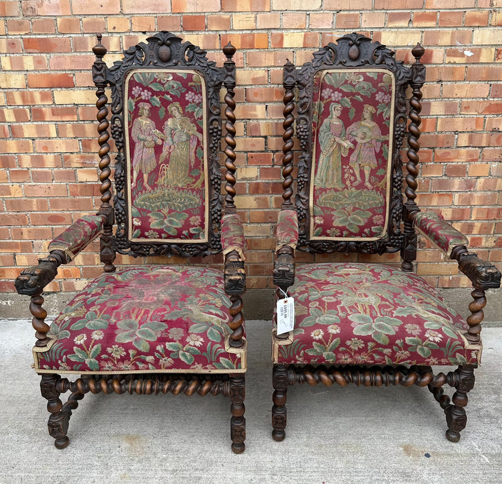 PAIR OF BARLEY TWIST AND GRIFFIN HEAR THRONE CHAIRS AS FOUND