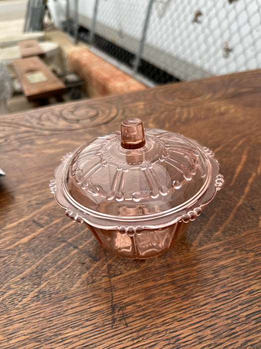 LIDDED PINK GLASS DISH