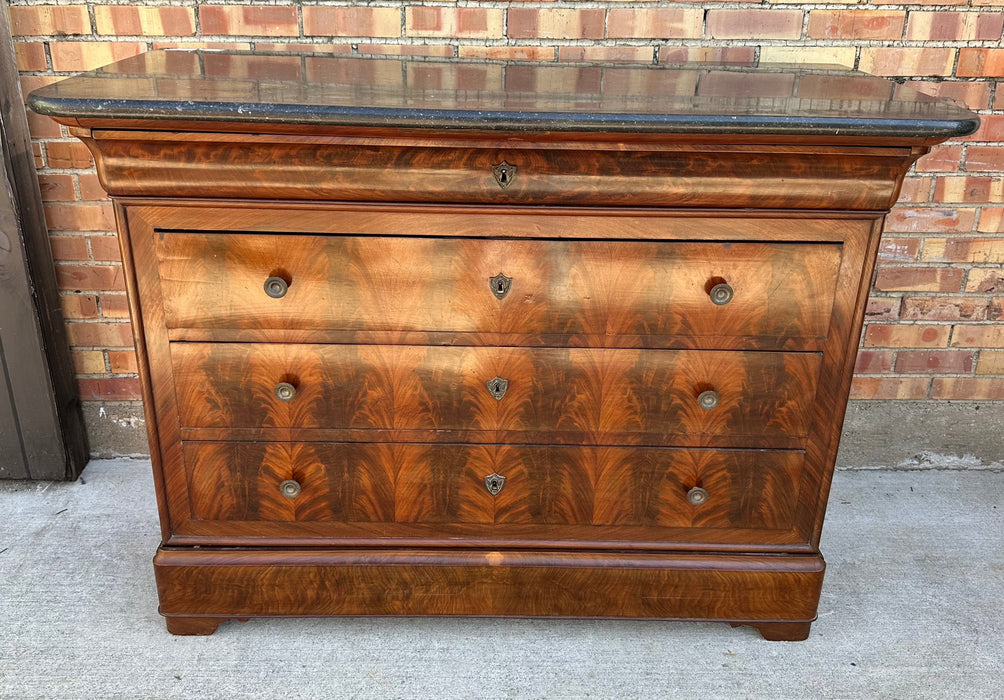 BLACK MARBLE TOP LOUIS PHILLIPE MAHOGANY CHEST OF DRAWERS