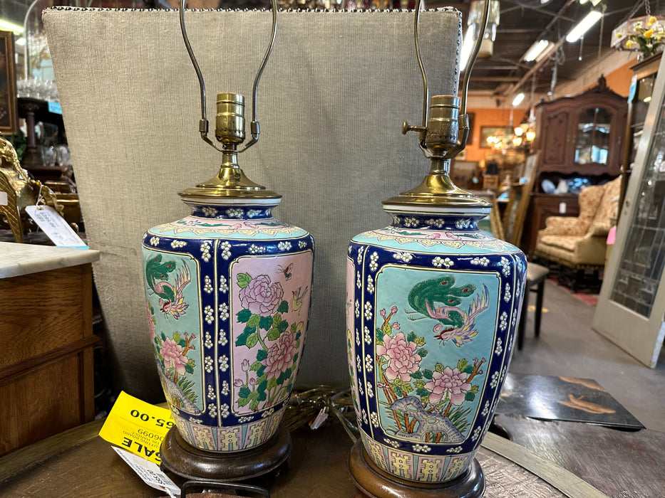 PAIR OF BLUE CHINESE POTTERY FLORAL LAMPS