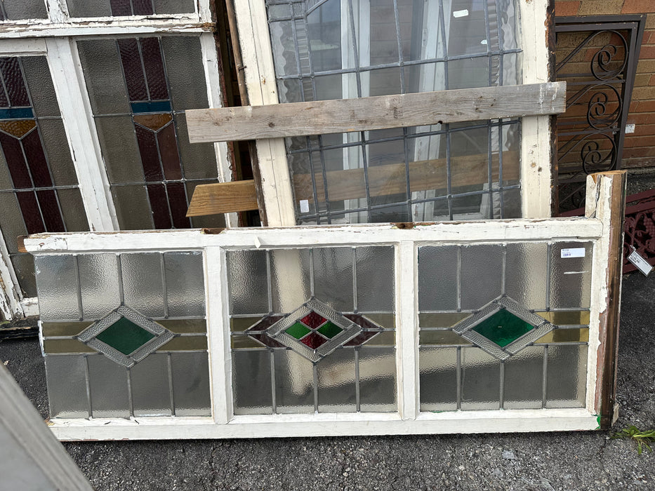 3 PANEL STAINED GLASS WINDOW WITH GREEN DIAMOND AS FOUND