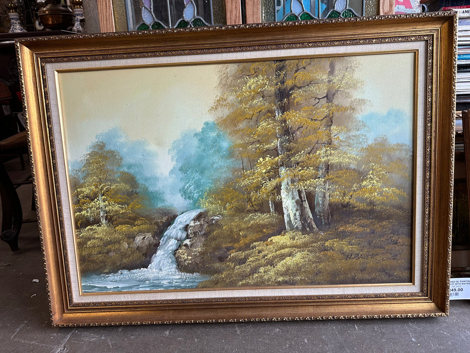 FRAMED OIL PAINTING OF FOREST WITH WATER FALL