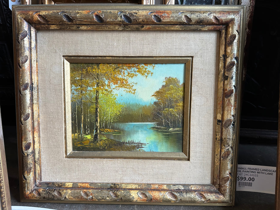 SMALL FRAMED LANDSCAPE OIL PAINTING WITH LAKE
