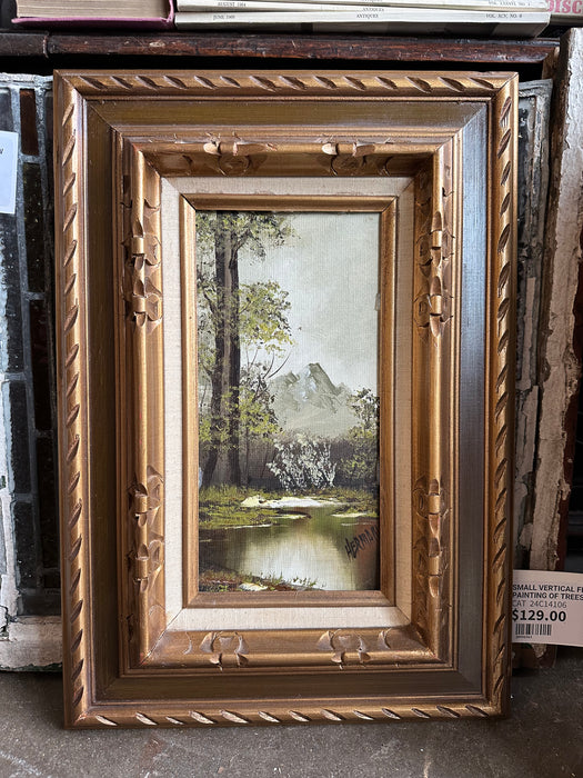 SMALL VERTICAL FRAMED OIL PAINTING OF TREES-SIGNED