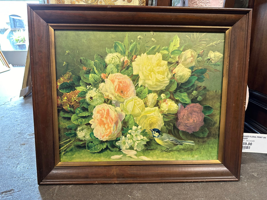 FRAMED FLORAL PRINT ON BOARD