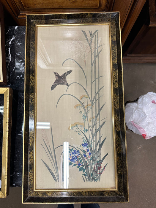 FANCY FRAMED BIRD ON SILK PAINTING WITH WITH BLUE FLOWERS
