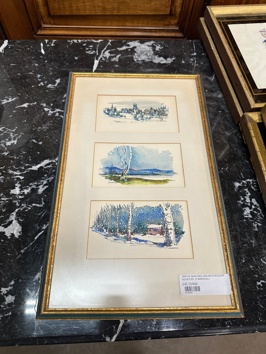 TRIPTIC NEW ENGLAND WATERCOLOR SIGNED BY JT MARSHALL